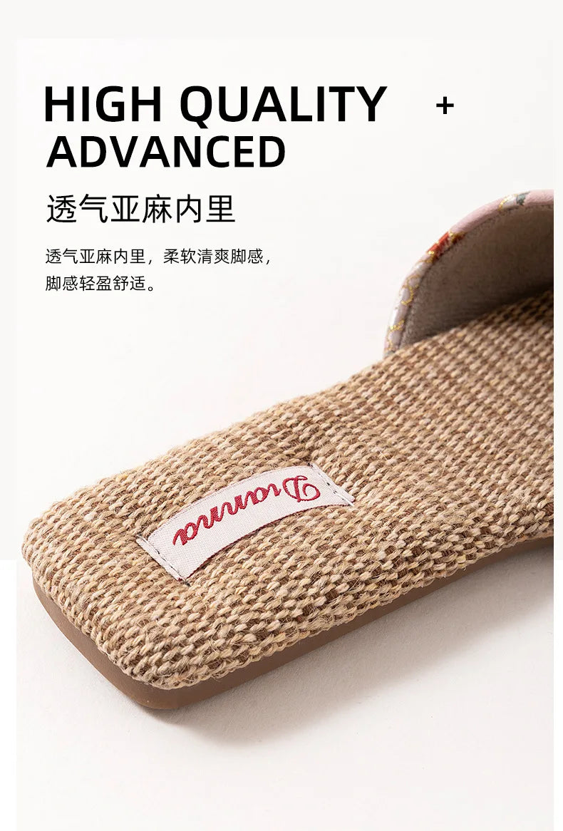 Breathable Indoor Linen Slippers For Women Men Home Floor Shoes Chinese Style Emrobidery Anti-slip Couples House Bedroom Slides