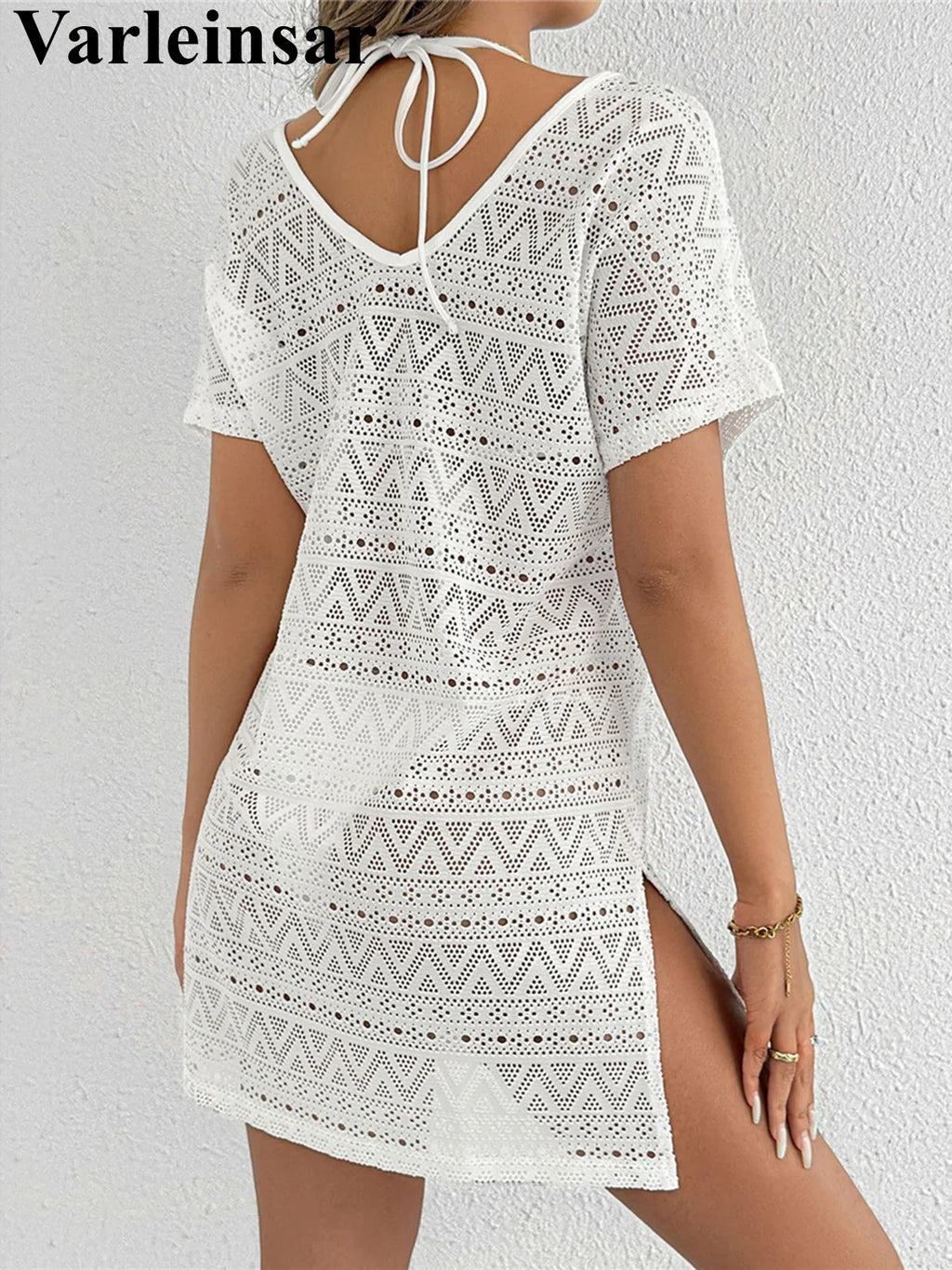 S - XL V Neck Short Sleeve Hollow Out Knitted Tunic Beach Cover Up Cover-ups Beach Dress Beach Wear Beachwear Female Women V8214