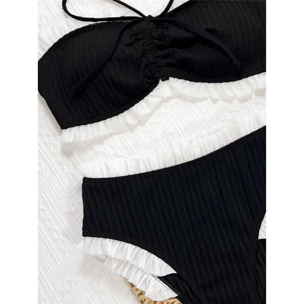 Bandeau Splicing Frilled Female Swimsuit High Waist Bikini Women Swimwear Two-Pieces Bikini Set Bather Bathing Suit Swim V7039