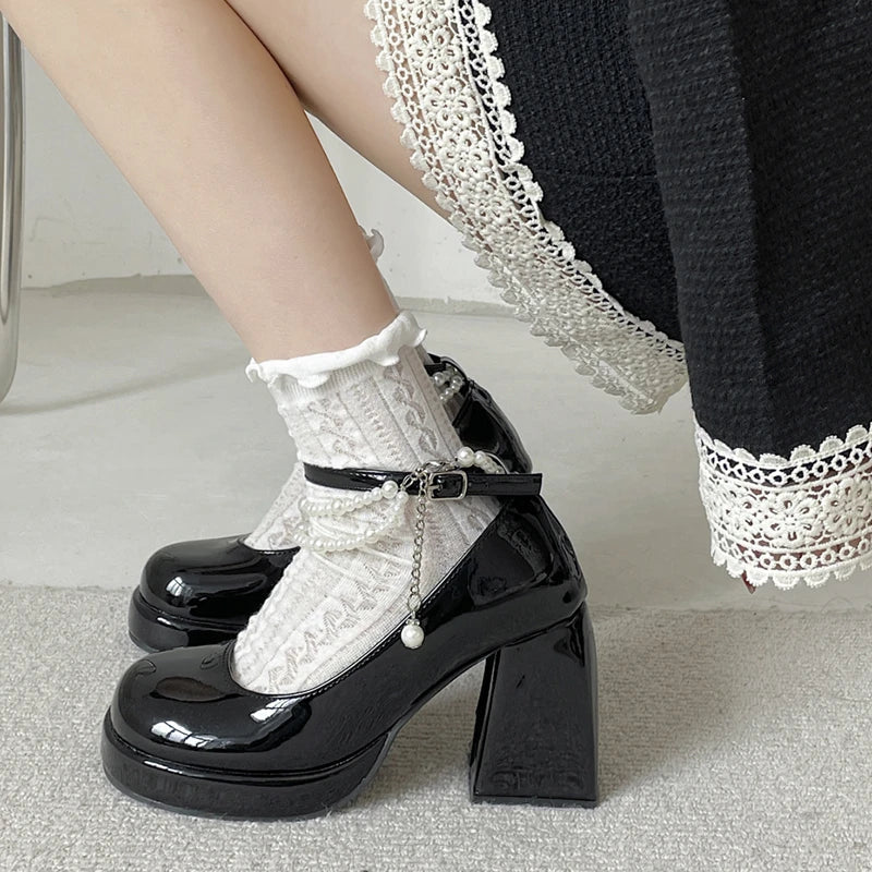 10cm Super High Heels Mary Jane Shoes Women Fashion Patent Leather Platform Pumps Woman Pearls Chain Ankle Strap Party Shoes