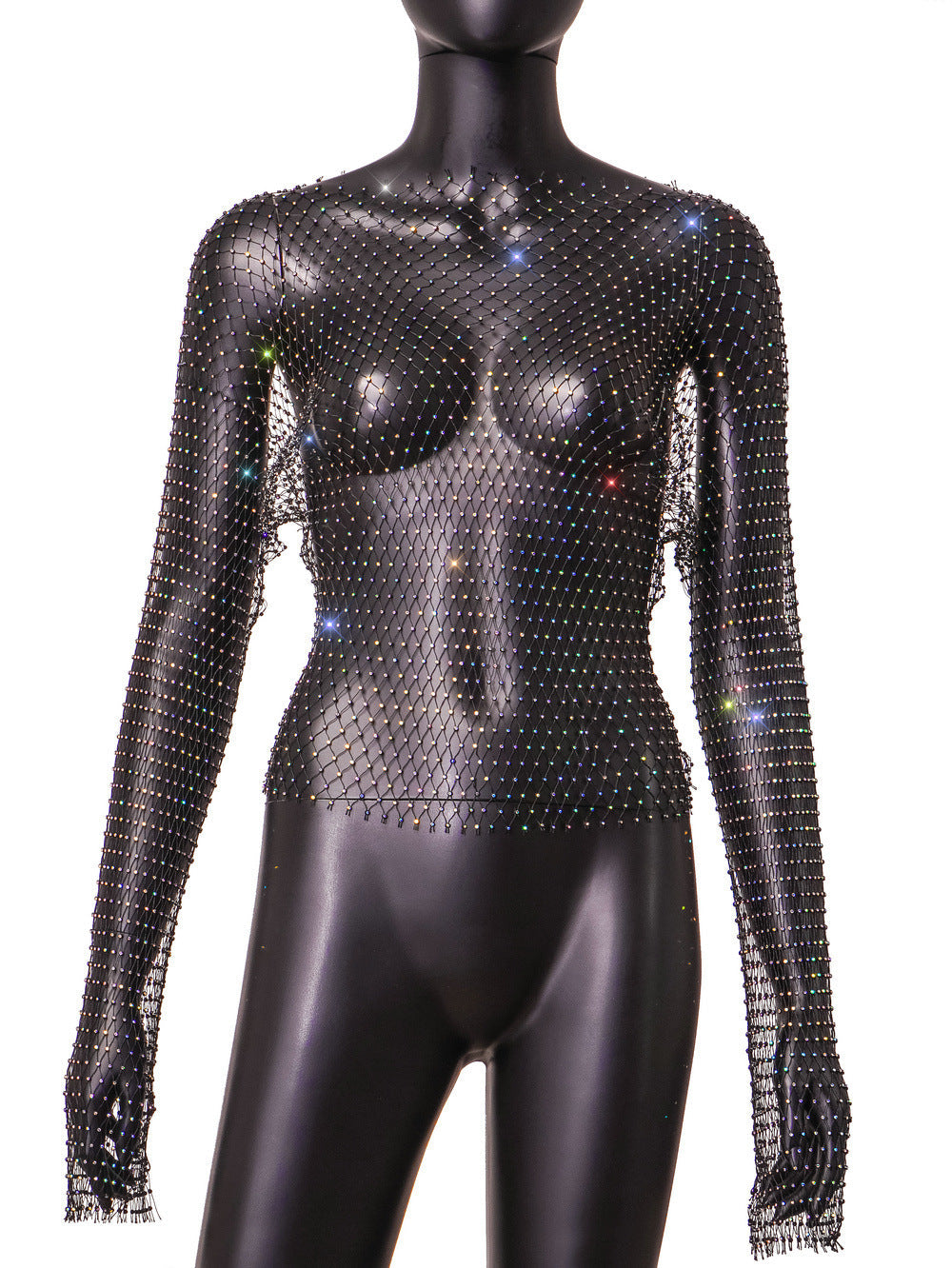 Women Rhinestone Fishnet T-shirt Solid Color Long Sleeve Crop Tops See Through Hollow Out Sexy Shirts Female Smock Tops