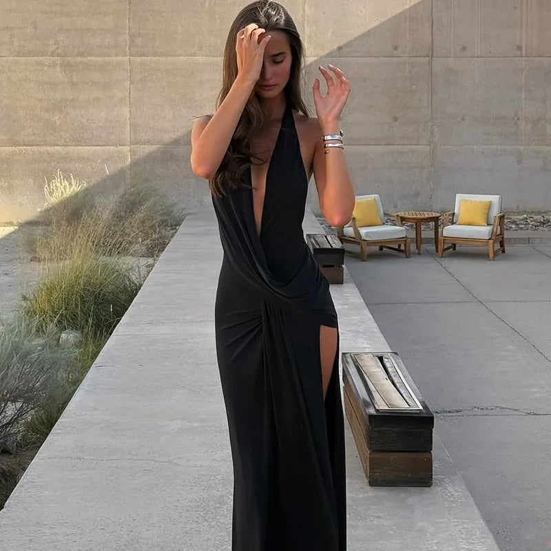 FDYOUI 2026 Summer Deep V-neck Hollow Out Long Maxi Evening Dress Women Chic Backless High Slit Ruched Solid Party Club Dresses