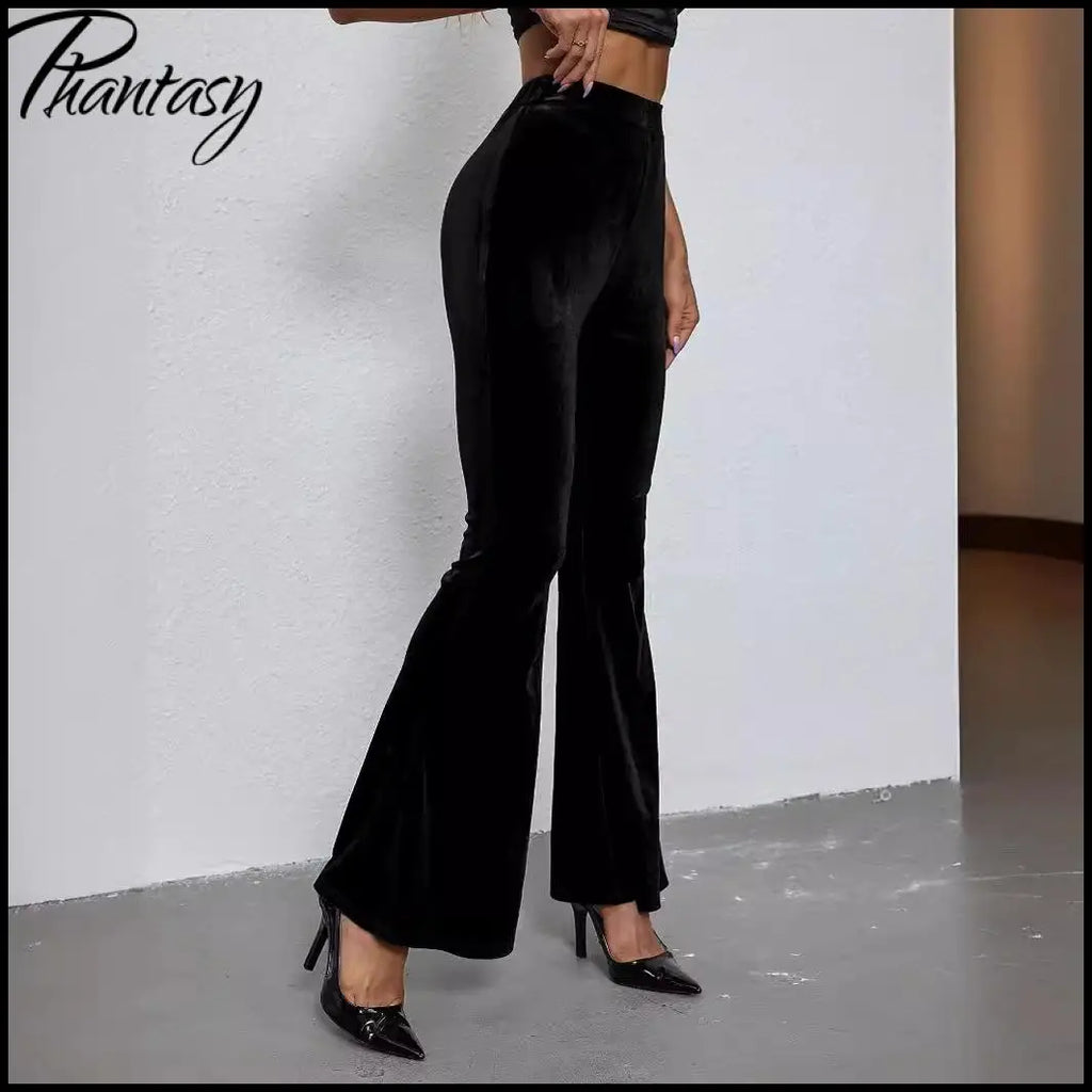 2026 Spring Fashion Velvet Pants Elegant Solid High-Waisted Slim-Fit Trousers Women's Flared Pants Streetwear Female Clothing