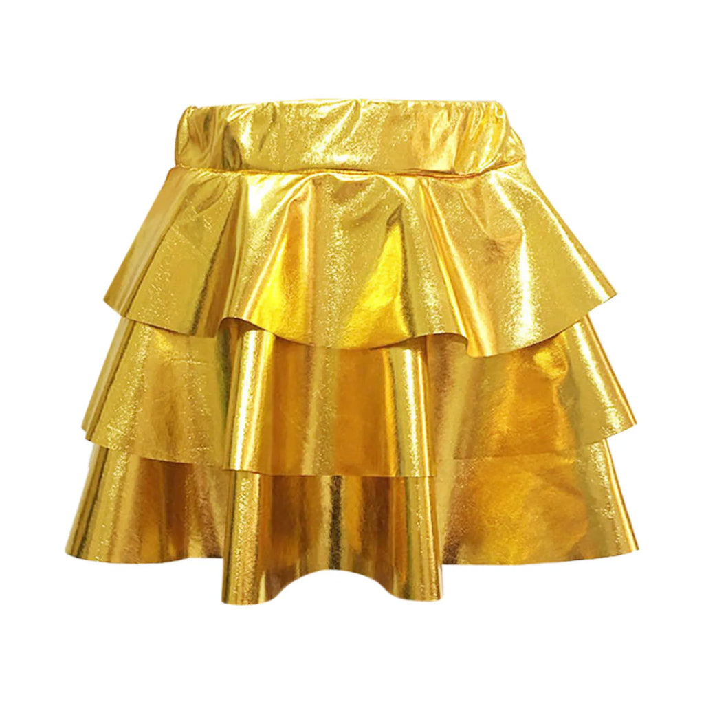 Women's Gold Metallic Tiered Mini Skirt Elastic High Waist Shiny Pu Ruffle Hem Party Skirts Dance Performance Festival Outfits