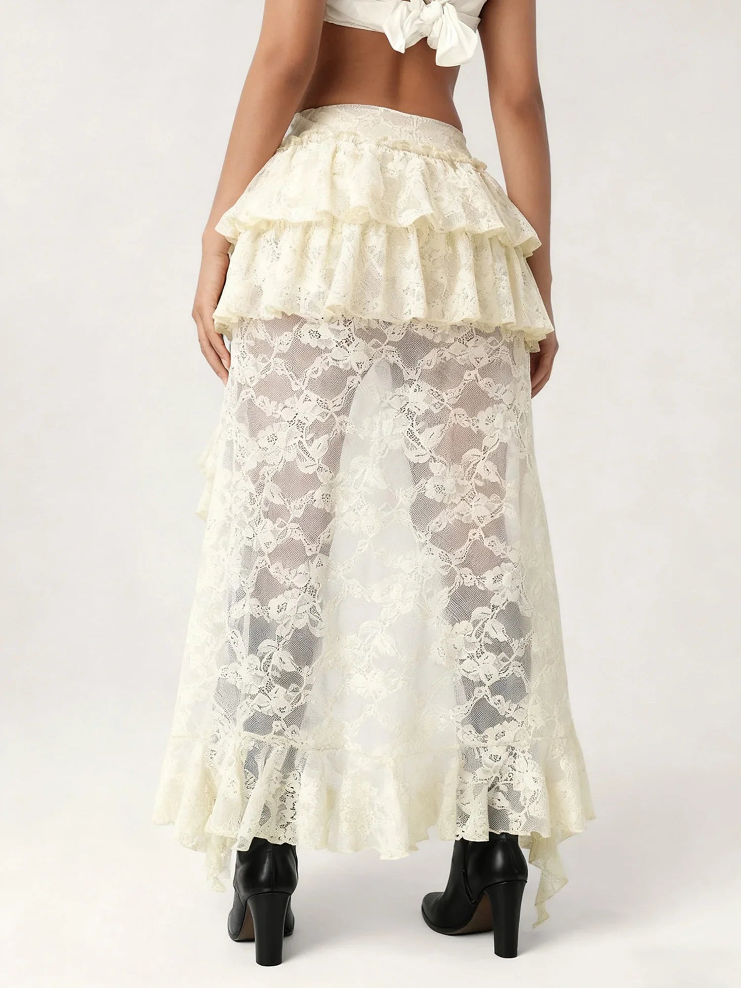 Summer Women Flower Lace Long Skirt Elastic High Waist Layered Ruffle Irregular Skirt Streetwear