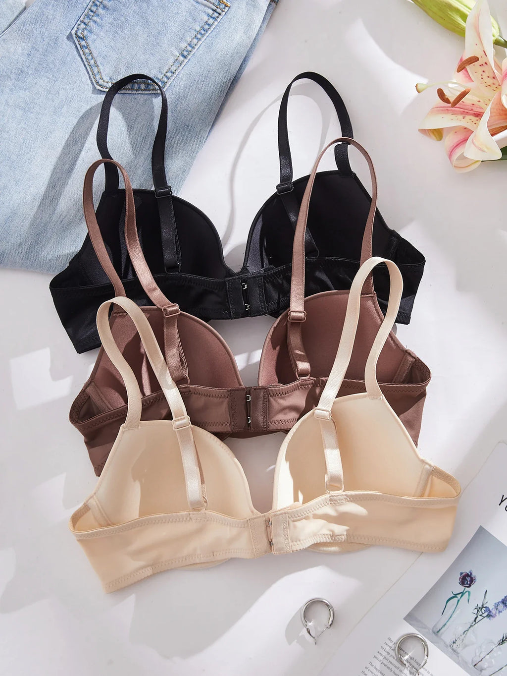 3Pcs Solid Women's Underwear Set Everyday Push up Bra Basic Underwire Bras Supportive and Comfortable Unpadded Women's Bra