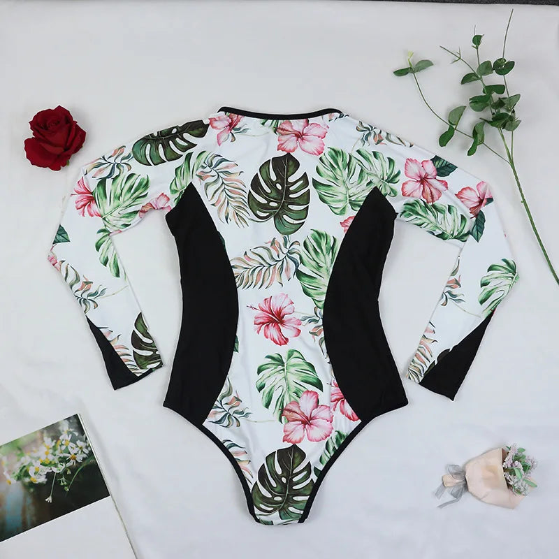 2025 New Patchwork Long Sleeve One Piece Swimsuit Women Swimwear Monokini Bathing Suit Female Bodysuit Surfing Swim Wear Beach