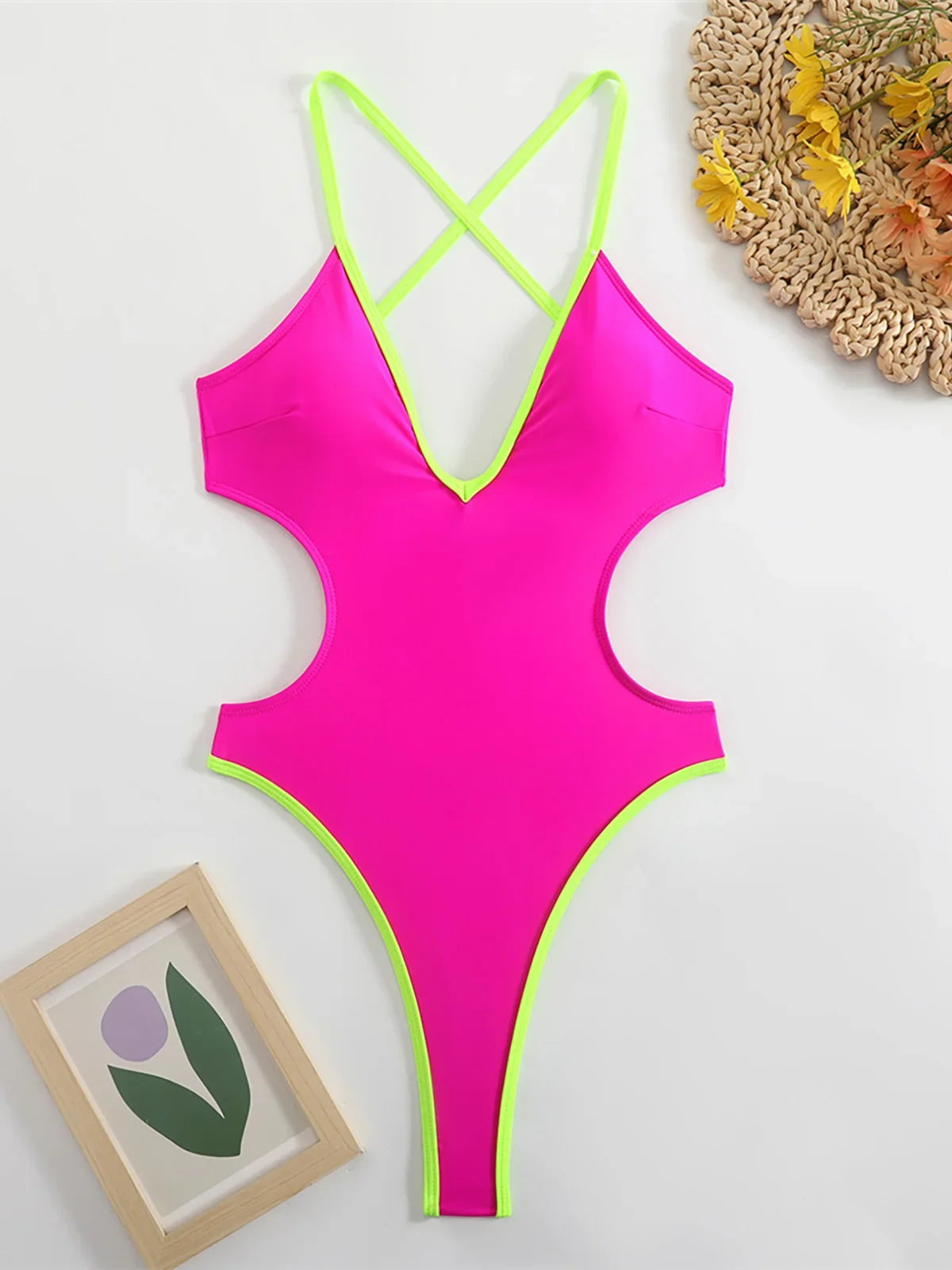 V Neck Splicing Extreme String Mini Micro Thong Women Swimwear One Piece Swimsuit Female Padded Bather Bathing Suit Swim K7085