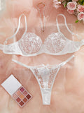 Women's White Lace Bra and Thong Set - Sexy Floral Embroidered Underwear, Sheer Mesh, Bridal/Party Wear