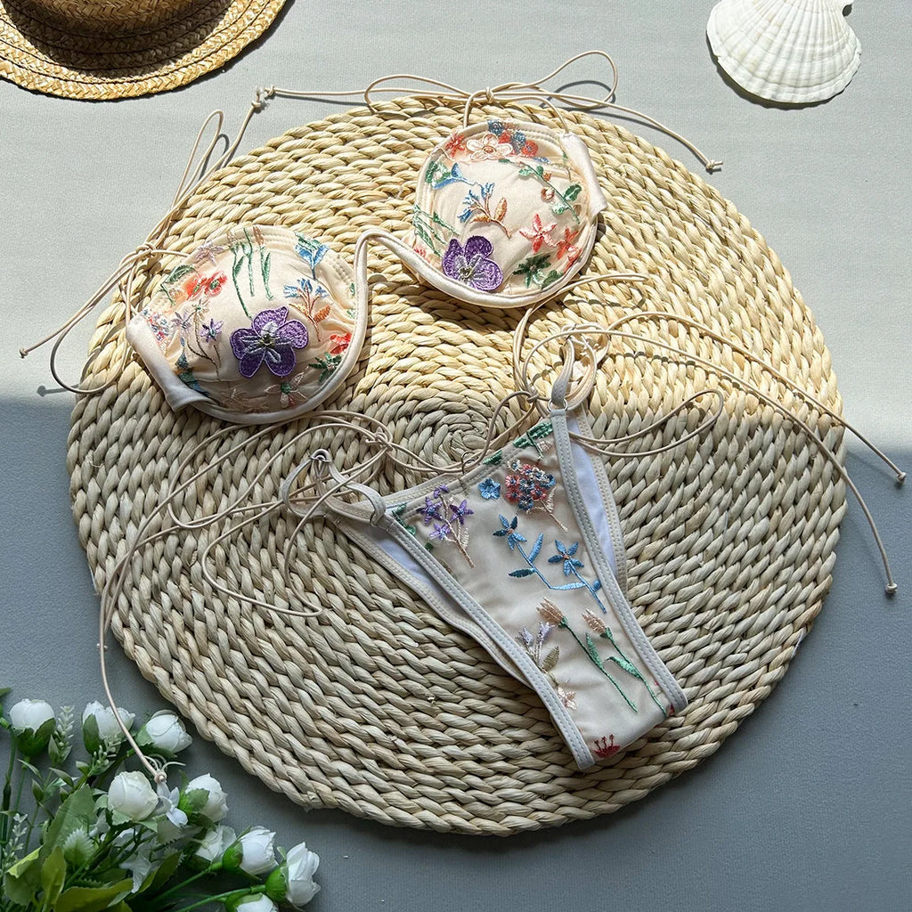 Flowers Printed Halter Underwired V-Bar Bikini Women Swimwear Female Swimsuit Two-pieces Bikini Set High Cut Bathing Suit Swim