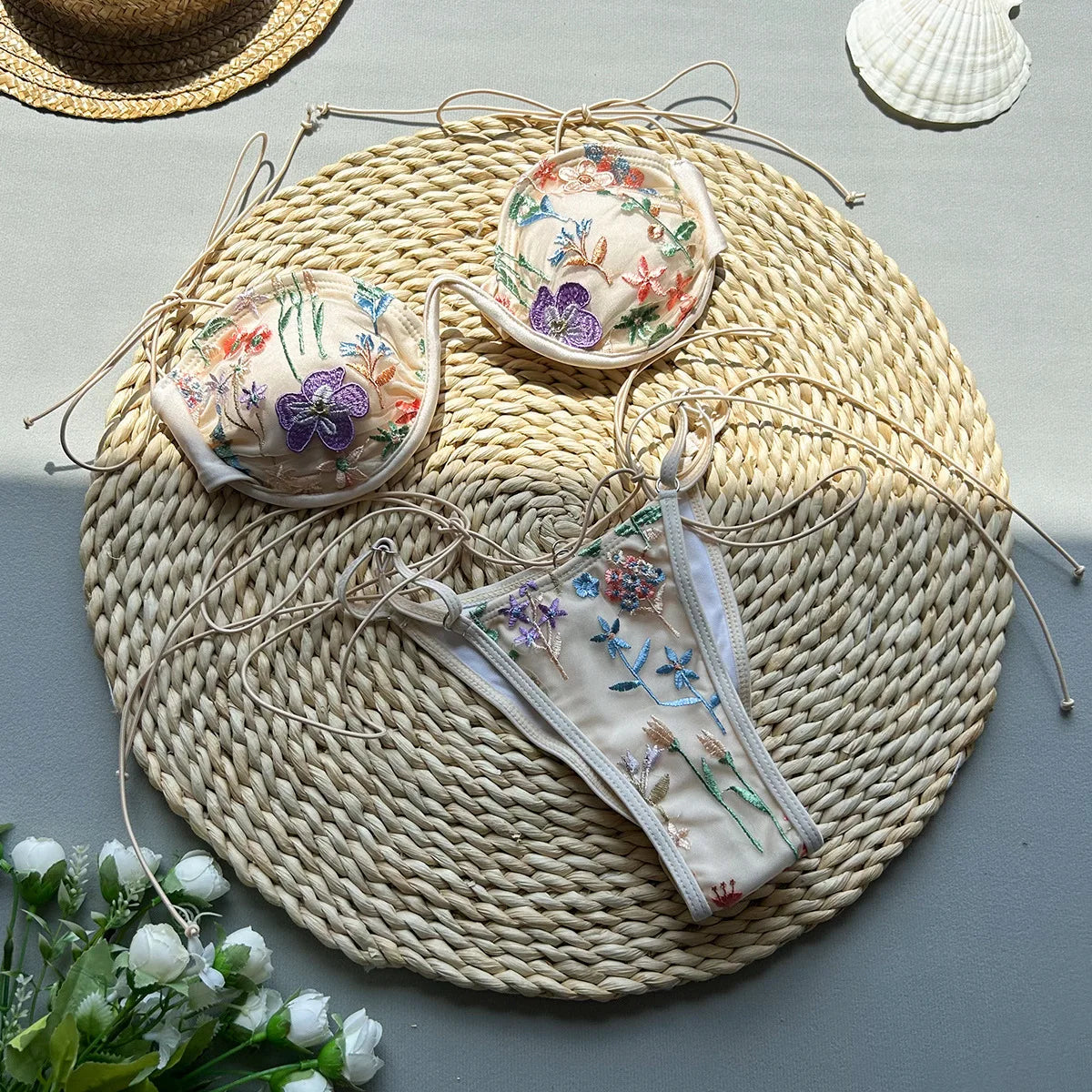 Flowers Printed Halter Underwired V-Bar Bikini Women Swimwear Female Swimsuit Two-pieces Bikini Set High Cut Bathing Suit Swim