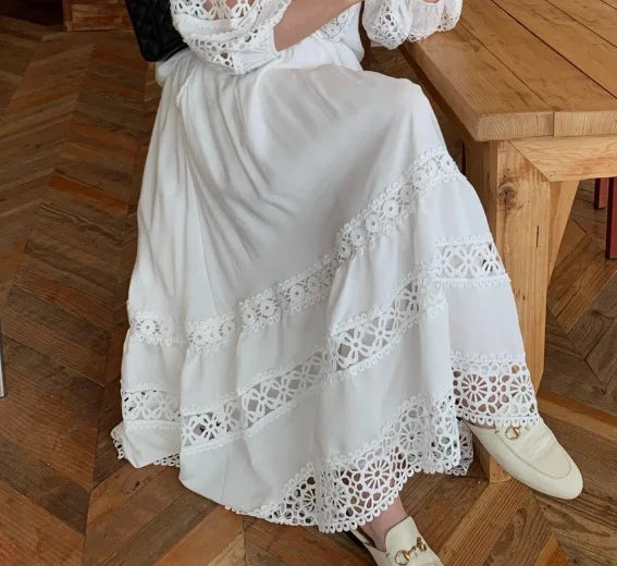 2026 French Retro Heavy Shirt Skirt Hollow Lace Balloon Sleeve Shirt + High Waist Belted Skirt Fashion Suit for Women