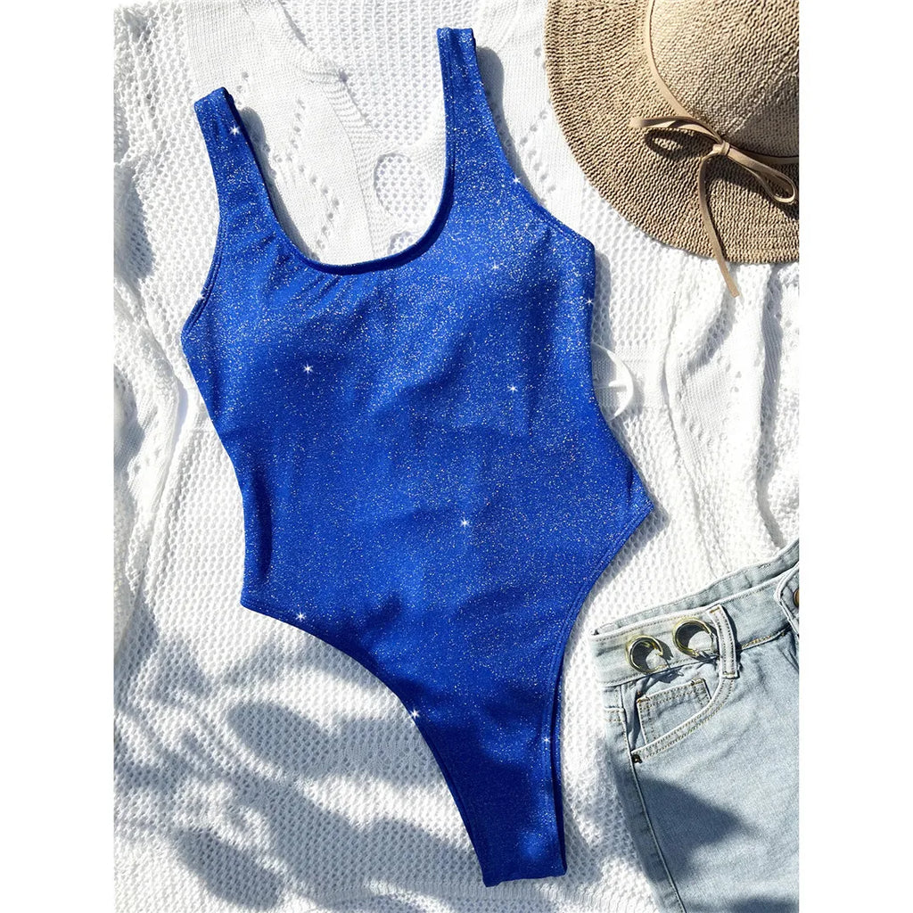 Sexy Glitter Sparkling Lace Up Backless One Piece Swimsuit Women Swimwear Female High Cut Bather Bathing Suit Swim Lady V4333