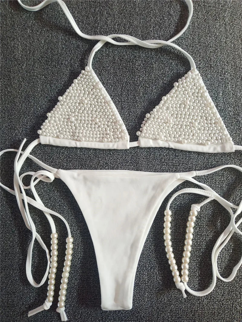 2026 Luxury Pearls Halter Mini Bikini Female Swimsuit Women Swimwear Two-pieces Bikini Set Bather Bathing Suit Swim Beachwear