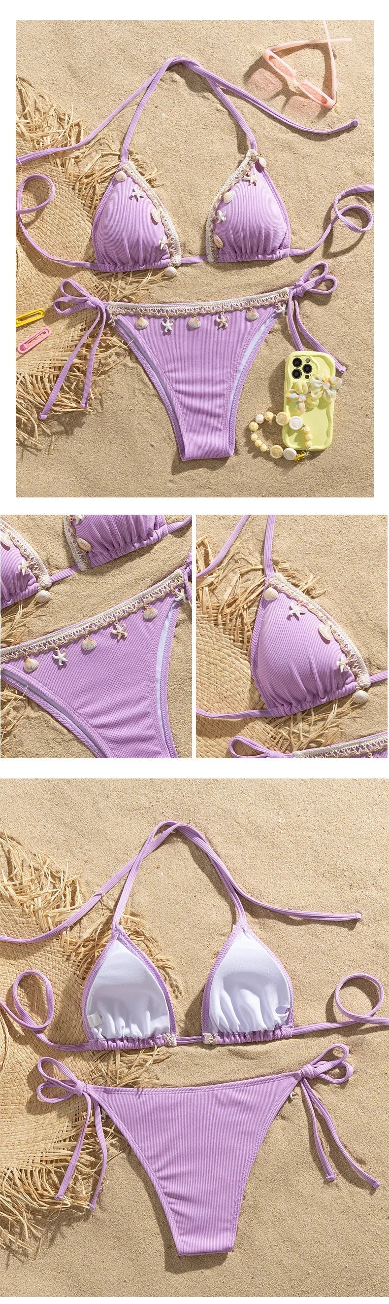 Shell Decoration Ribbed Halter Strappy Bikini Women Swimwear Female Swimsuit Two-pieces Bikini Set Bather Bathing Suit Swim Lady