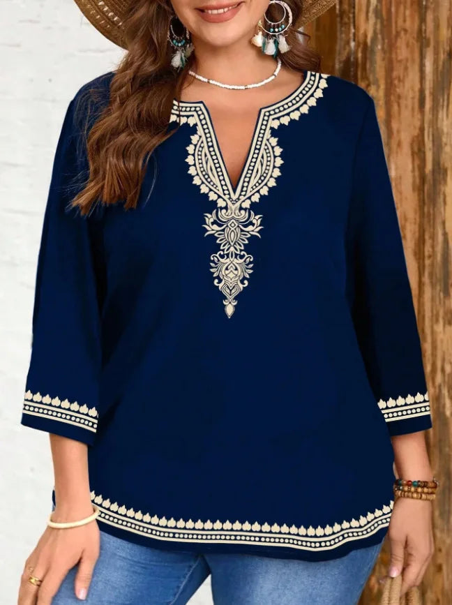 Women's Casual Printed Three Quarter Sleeve Shirt Tops Large Size Women's Tops Loose and Comfortable