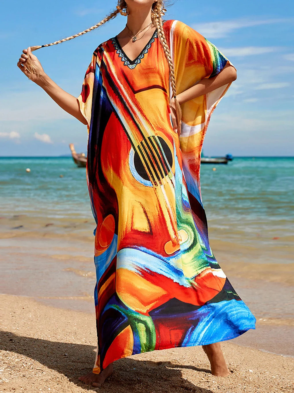 2026 New Colorful Kaftan Tunic Beach Dress Beach Wear Beachwear Beach Cover Up Cover-upsLoose Maxi Dress Female Women V4428