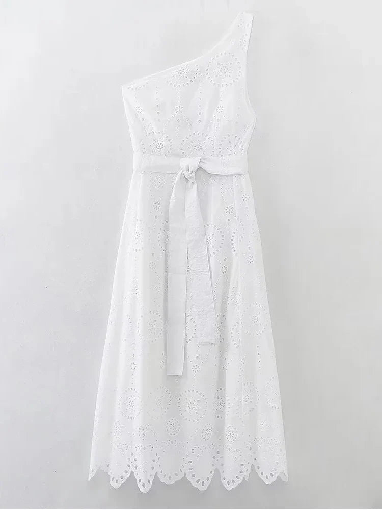 Foridol White One Shoulder Autumn Cotton Dress Women Winter Casual Dress Vestidos Maxi New Embroidery Boho Beach Dress Holiday