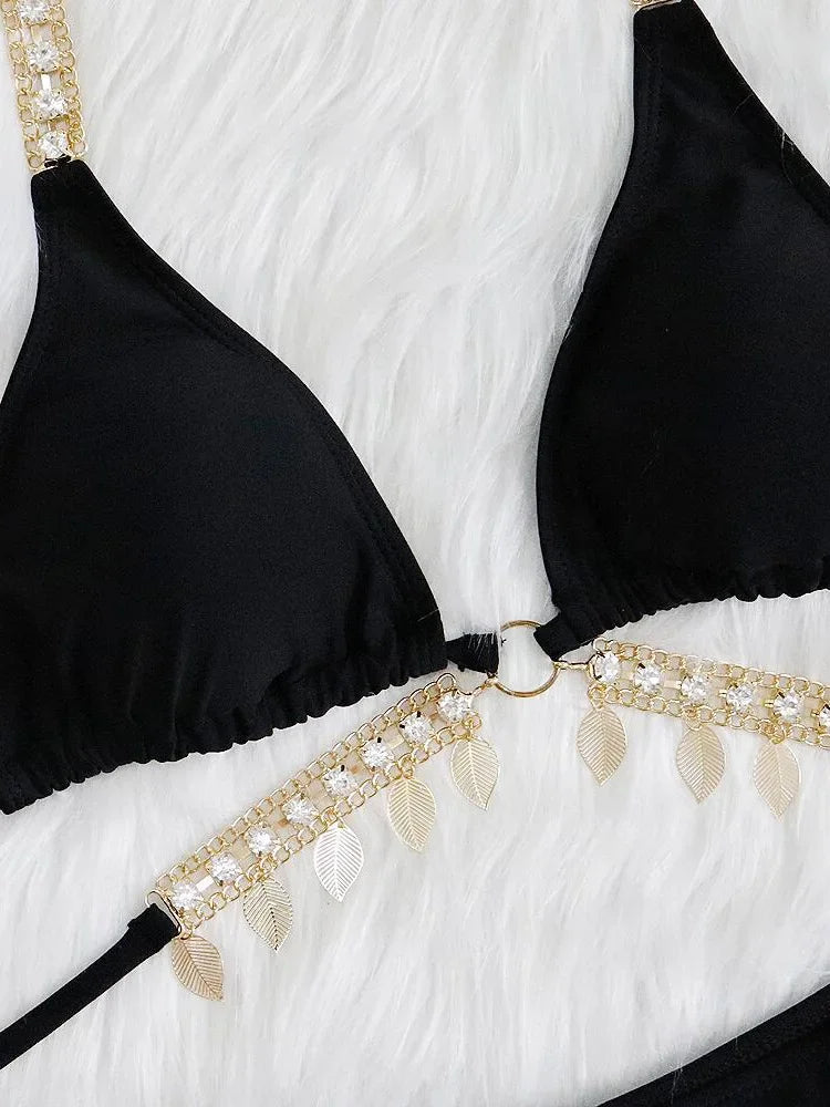 Wrap Around Halter Diamond Bikini Women Swimsuit Female Metal Chains Swimwear Two-pieces Bikini Set Brazilian Bathing Suit Swim