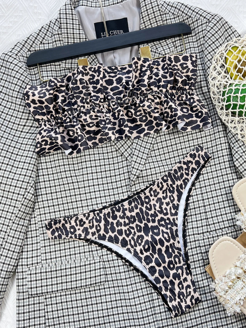 2026 New Sexy Bikini Bandeau Women Swimwear Swimsuit Pleated Ruffle Leopard Bikinis Set Bathing Suit Beach Bikini Female Push Up