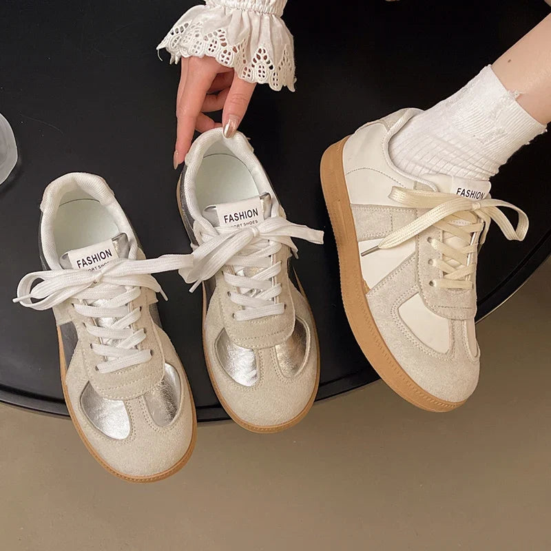Silver Patchwork Platform Sneakers Women Thick Bottom Lace Up German Training Shoes Woman Spring Autumn Korean Non Slip Flats