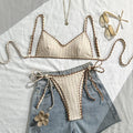 Sexy Triangle Bikini Set 2026 Women Beige Patchwork Pleate Push Up Bra Tie Side Thong Swimsuit Beach Bathing Suit Micro Swimwear