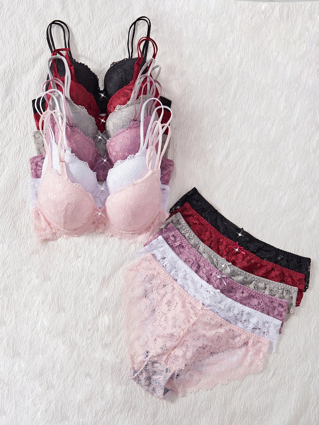6-Piece Set Women's Bra and Panties Set Sexy Patterned Lace Patchwork No Lining Comfortable Fitting Women's Push-Up Bra Women's Underwear Set