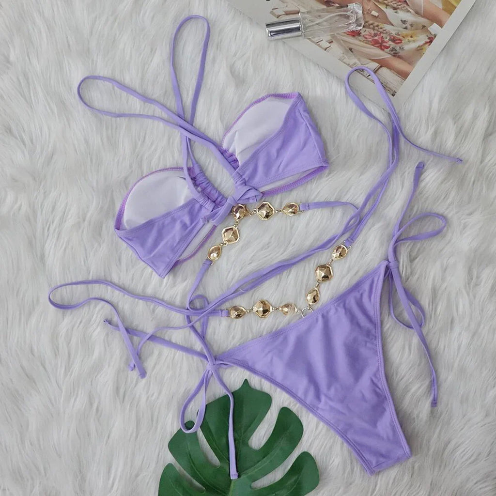 Sexy Diamond Rhinestones Wrap Around Bikini Female Swimsuit Women Swimwear Two-pieces Bikini Set Bather Bathing Suit Swim V5167