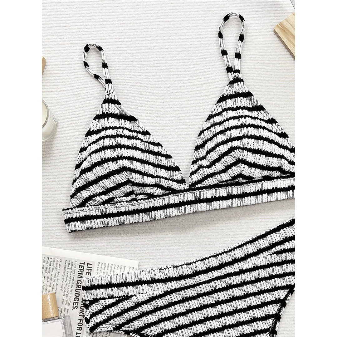 Sexy Black White Striped High Waist Bikini Female Swimsuit Women Swimwear Two-Pieces Bikini Set Bather Bathing Suit Swim V5830