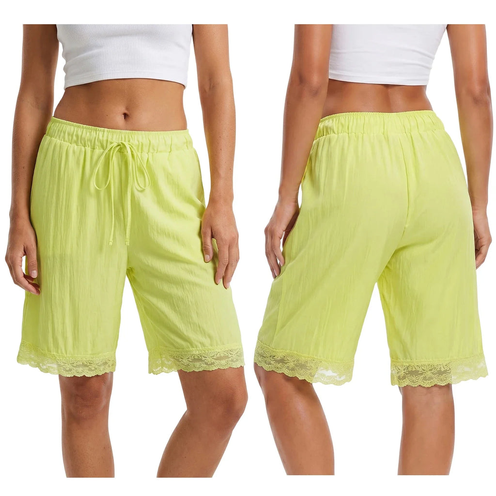 Fashion Women's Loose Shorts Drawstring Elastic Waist Lace Trim Wide Leg Mid Pants Summer Casual Lounge Out Going Shorts