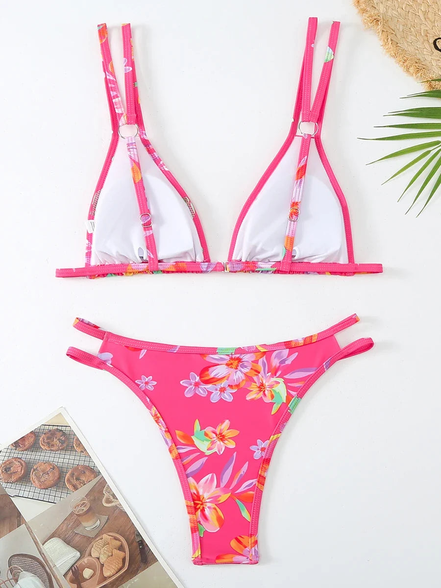 2025 Strappy Bikini Brazilian Printed Swimsuit Women Sexy Padded Swimwear Female Bathers Bathing Swimming Swim Suit Beachwear
