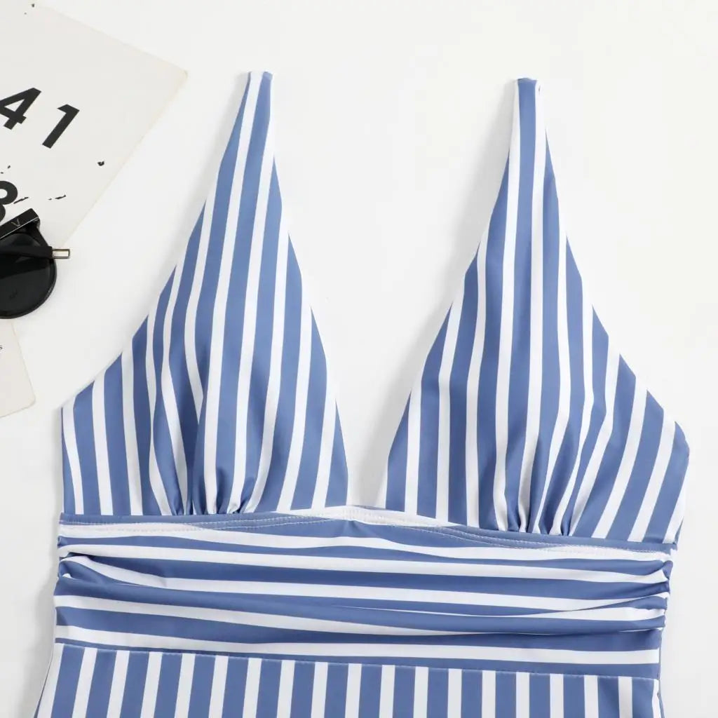2026 Striped One Piece Swimsuit Sexy Swimwear Women V-neck Bathing Swimming Suit Female Summer Beachwear Bodysuit