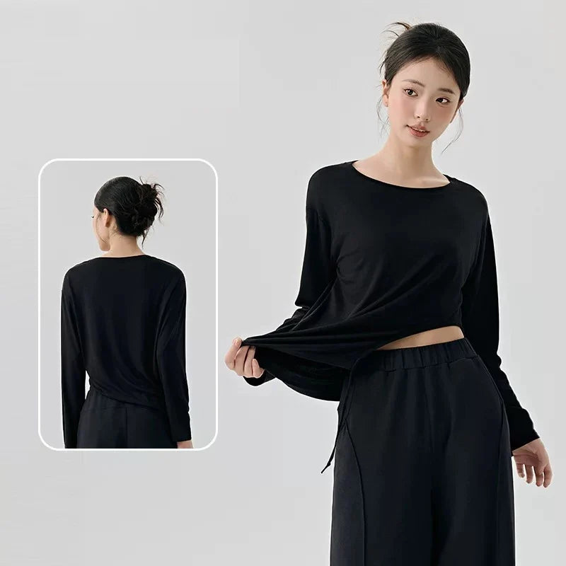 Women's Slimming Long-Sleeved Yoga Suit Sports T-Shirt with Drawstring Waist for Pilates Outdoor Fitness Training