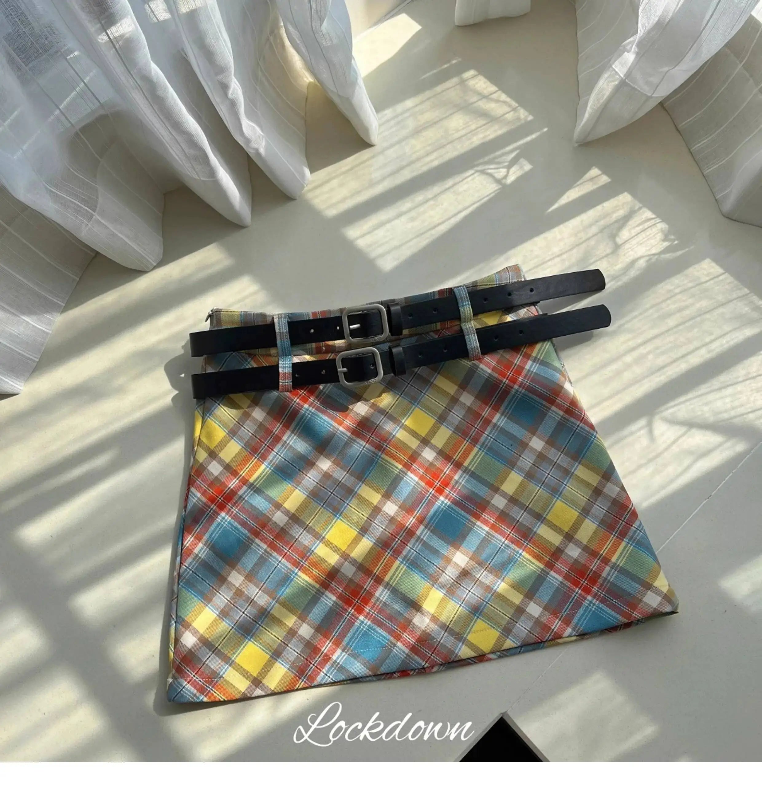 Plaid Double Waistband A-line Short Skirt  Women American Style Street High Waist Casual Collision Color Wrap Hip Skirt OJR7