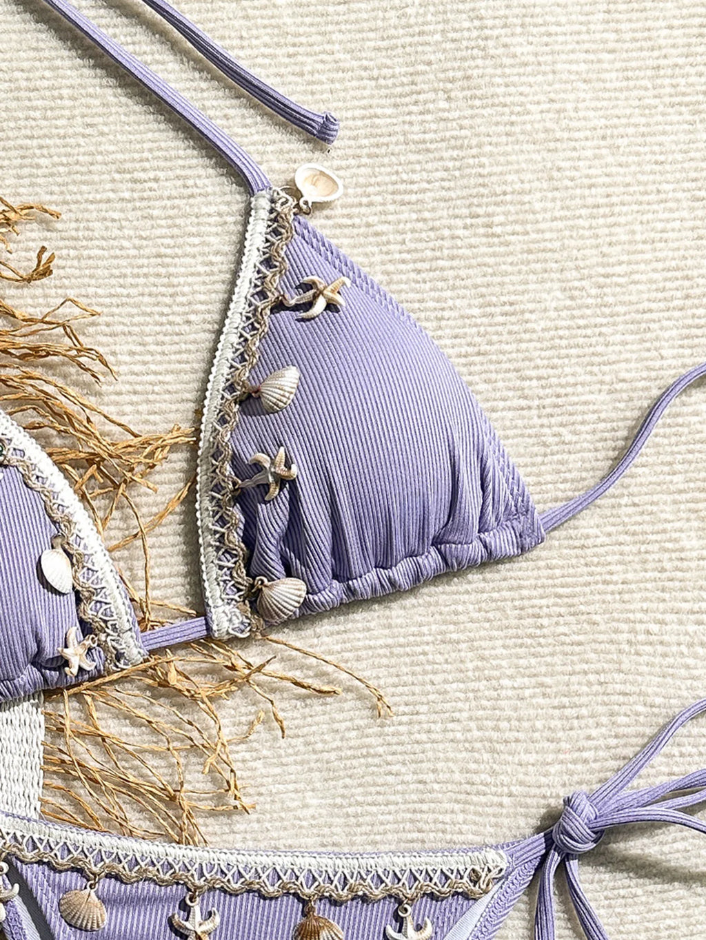 Shell Decoration Ribbed Halter Strappy Bikini Women Swimwear Female Swimsuit Two-pieces Bikini Set Bather Bathing Suit Swim Lady