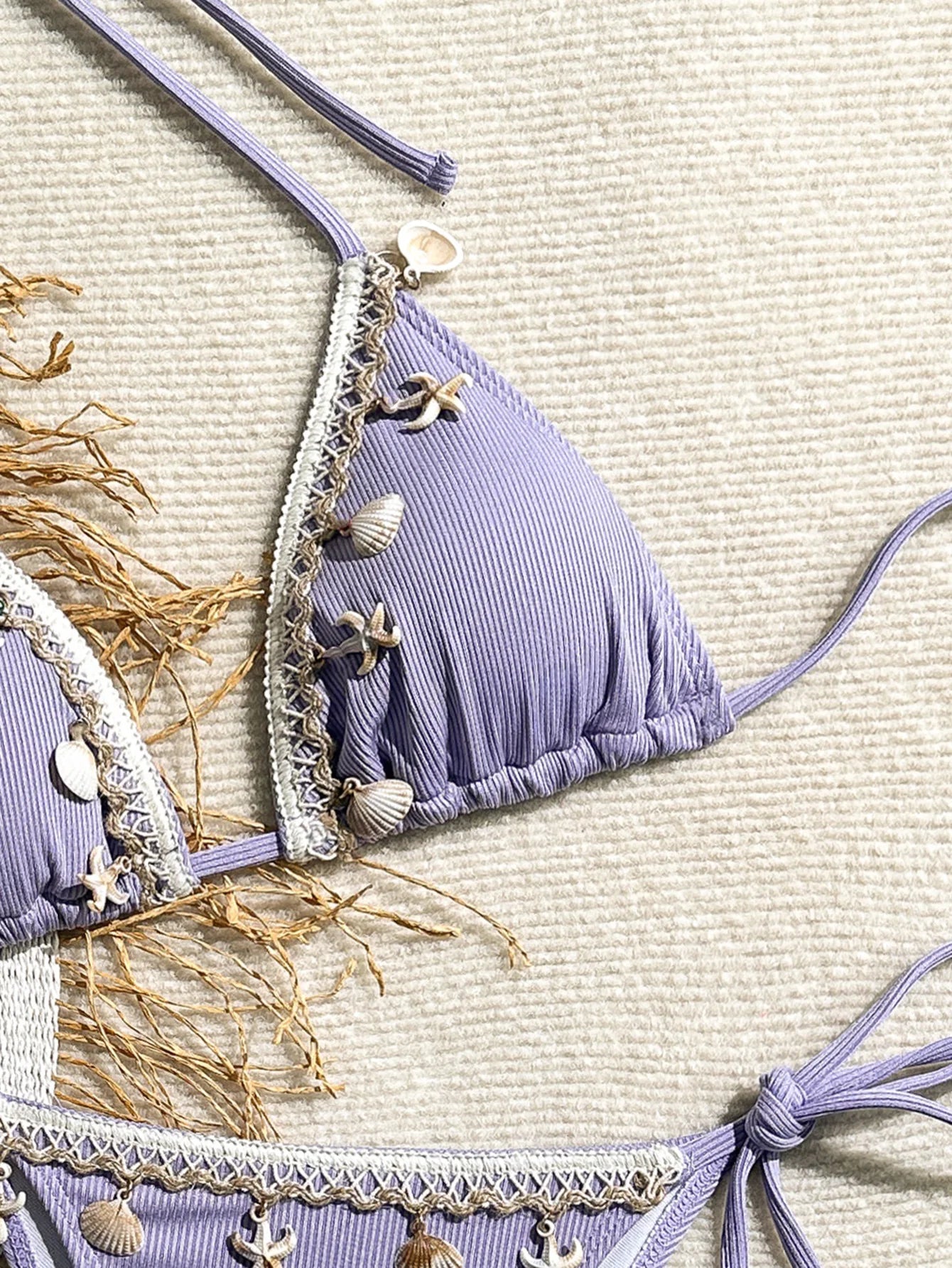 Shell Decoration Ribbed Halter Strappy Bikini Women Swimwear Female Swimsuit Two-pieces Bikini Set Bather Bathing Suit Swim Lady