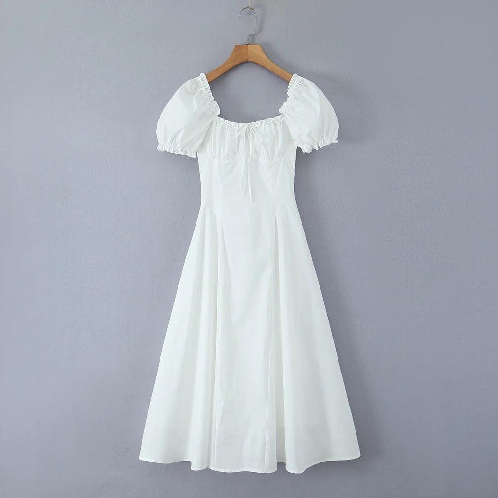 Bowknot Ruffles Light Blue Midi Dress Women's Summer Off Shoulder Short Sleeve Beach Dress Drawstring White A-line Vestidos 2025