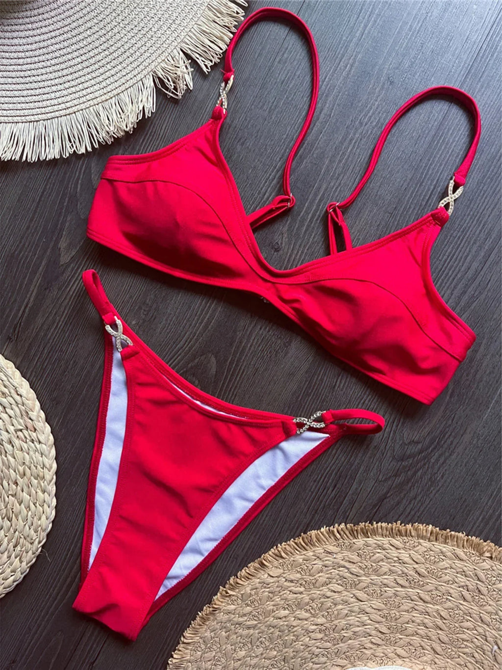10 Colors V Neck Rhinestones Bikini Female Swimsuit Women Swimwear Padded Bather Bathing Suit Swim Two-pieces Bikini set K8138