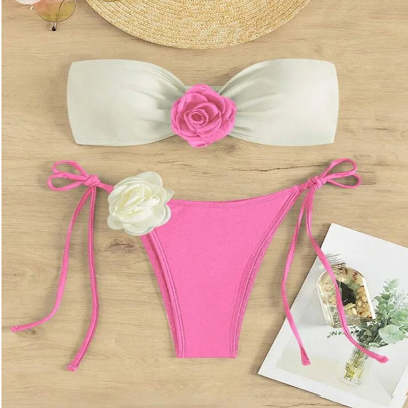 Sexy Bikini Set 2025 Bandeau 3D Flower White Black Contrast Push Up Micro Swimsuit Brazilian Cut Out Bathing Suit Thong Swimwear