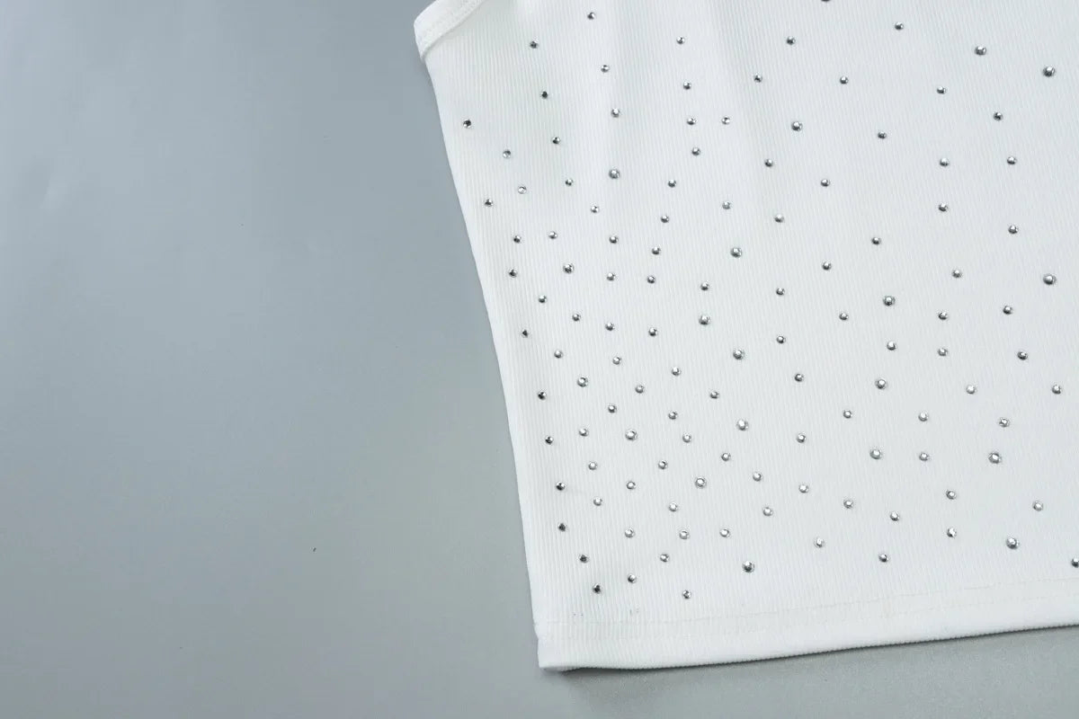 Woman Beading Rhinestones Tank Tops White Black Summer Sleeveless Corset T-shirt 2026 Casual Square Collar Crop Top Streetwear