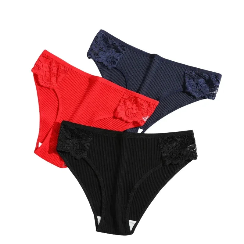 4Pcs/Set Cotton Panties Women Low Rise Briefs Breathable Underwear Solid Color Lace Trims Panty Female Underpants Sexy Lingerie