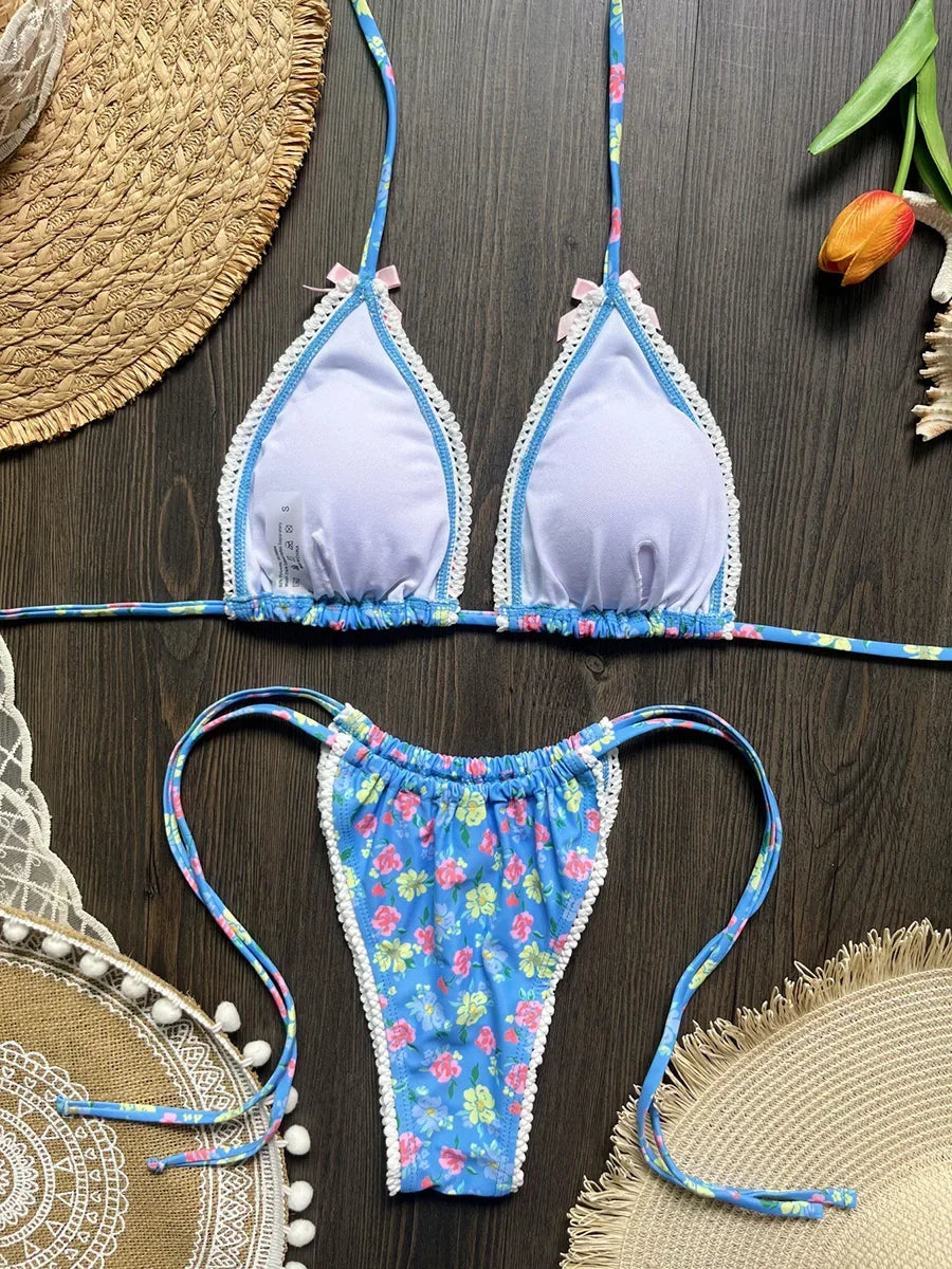 Floral Print Halter Micro String Bikini Female Swimsuit Women Swimwear Two-pieces Bikini Set Bow Knotted Bathing Suit Swim Lady