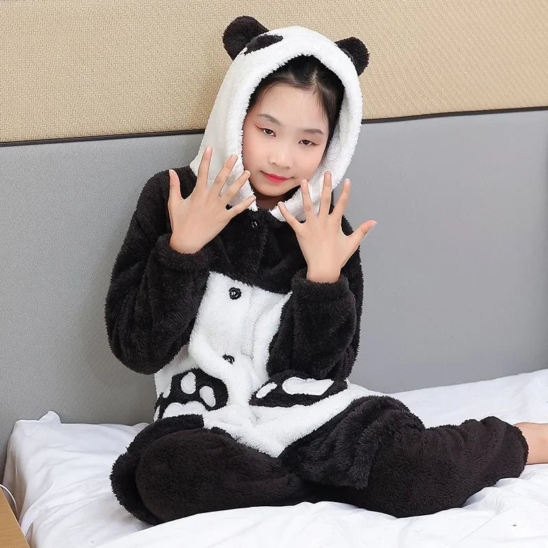 Cartoon Panda Plush Pajamas Robes Anime Adult Nightgown Winter Long Sleeve Night Dress Halloween Party Comfy Kawaii Girl Slipper