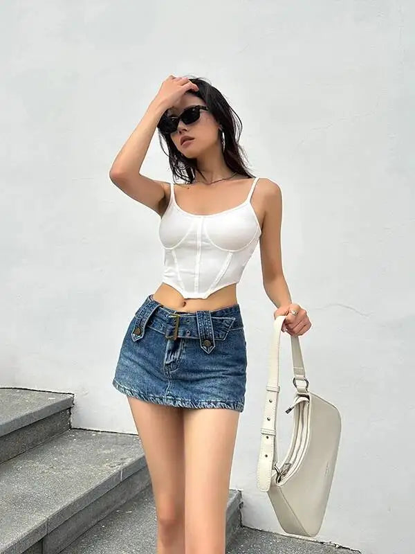 WOMENGAGA Korean Style Spicy Girl Denim Half Body Short Skirt Female Slim Tight Ultra Short A-line Slim Hip Skorts Fashion 3POJ
