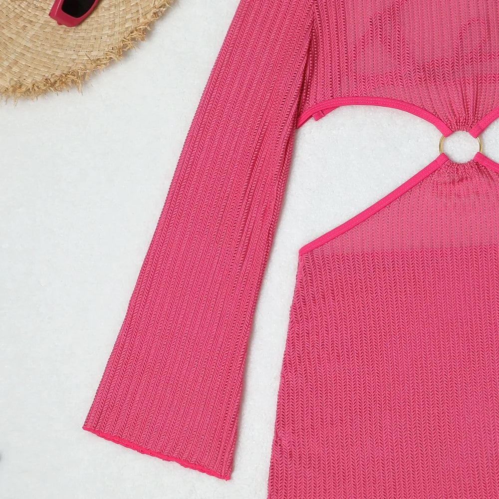 Women micro mini halter bikinis sets 3pcs with knitted long sleeve hollow out mini dress swimsuit bathing suit beach outfits