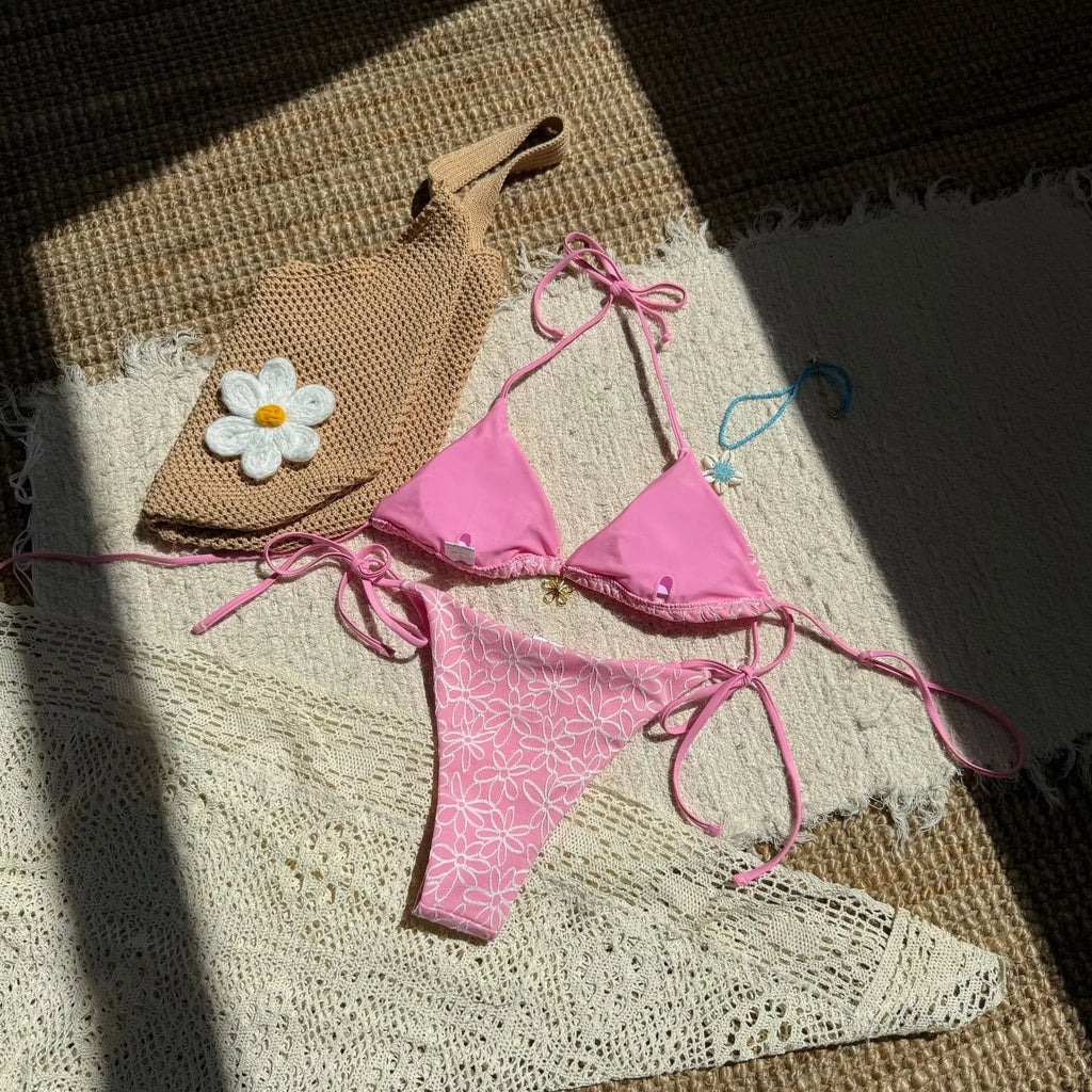 Sexy Mesh Flower Bikinis Sets Women Hot Pink Halter Push Up Bra Tie Side Swimsuit 2026 Beach Bathing Suit Holiday Micro Swimwear