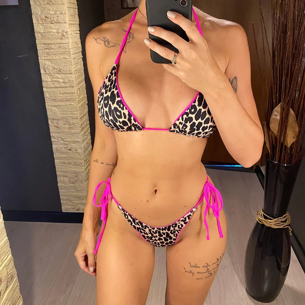Sexy Leopard Printed Halter Brazilian Bikini Women Swimwear Female Swimsuit Two-Piece Bikini Set Bather Bathing Suit Swim V3681