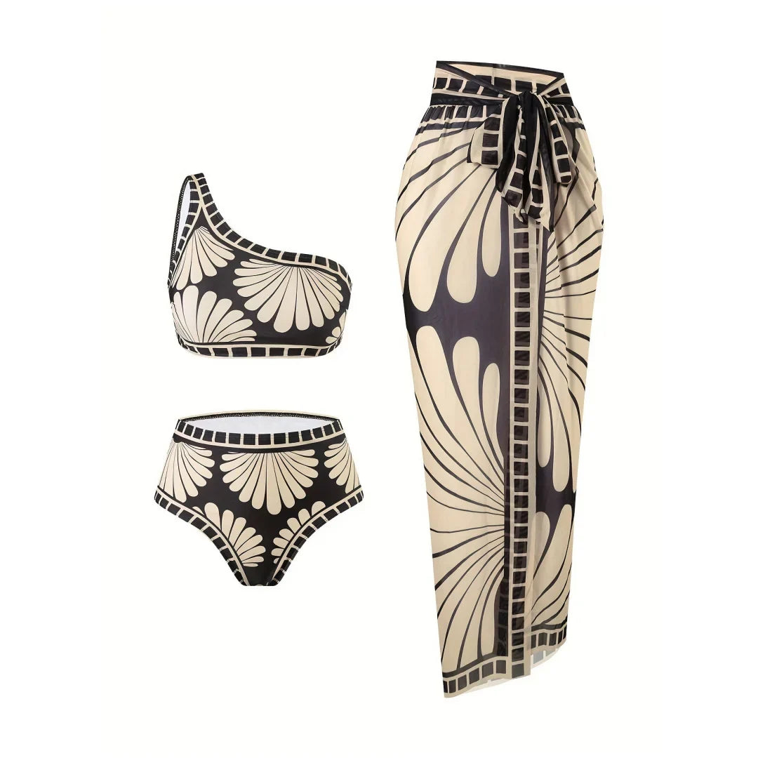 S - XXL Printed Sarong Female Swimsuit High Waist Bikini Women Swimwear Three-pieces Bikini set Bather Bathing Suit Swim V8212