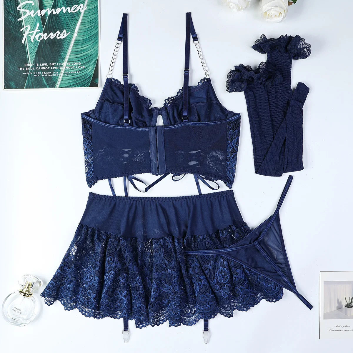 Women's Polka Dot Shoulder Revealing Puffy Skirt Set Sexy Lace Top Skirt Thongs Underwear Suits Mesh Perspective Exotic Sets