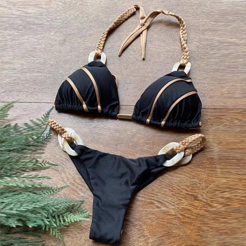 Splicing Halter Knitted Bikini Women Swimwear Female Swimsuit Two-pieces Bikini Set Brazilian Bather Bathing Suit Swim Beachwear